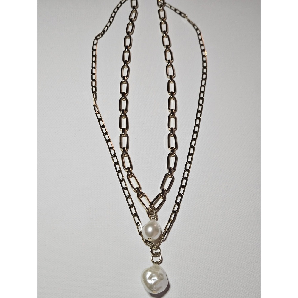 Gold Layered Paperclip Chain Baroque Pearl Pendant Necklace‎ Modern Statement